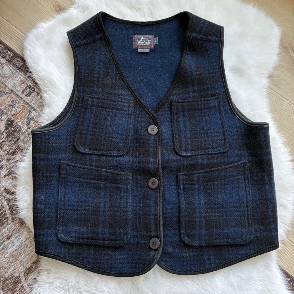 Woolrich Vintage Navy Blue Plaid Wool Blend Vest Made in USA Womens Small 4914